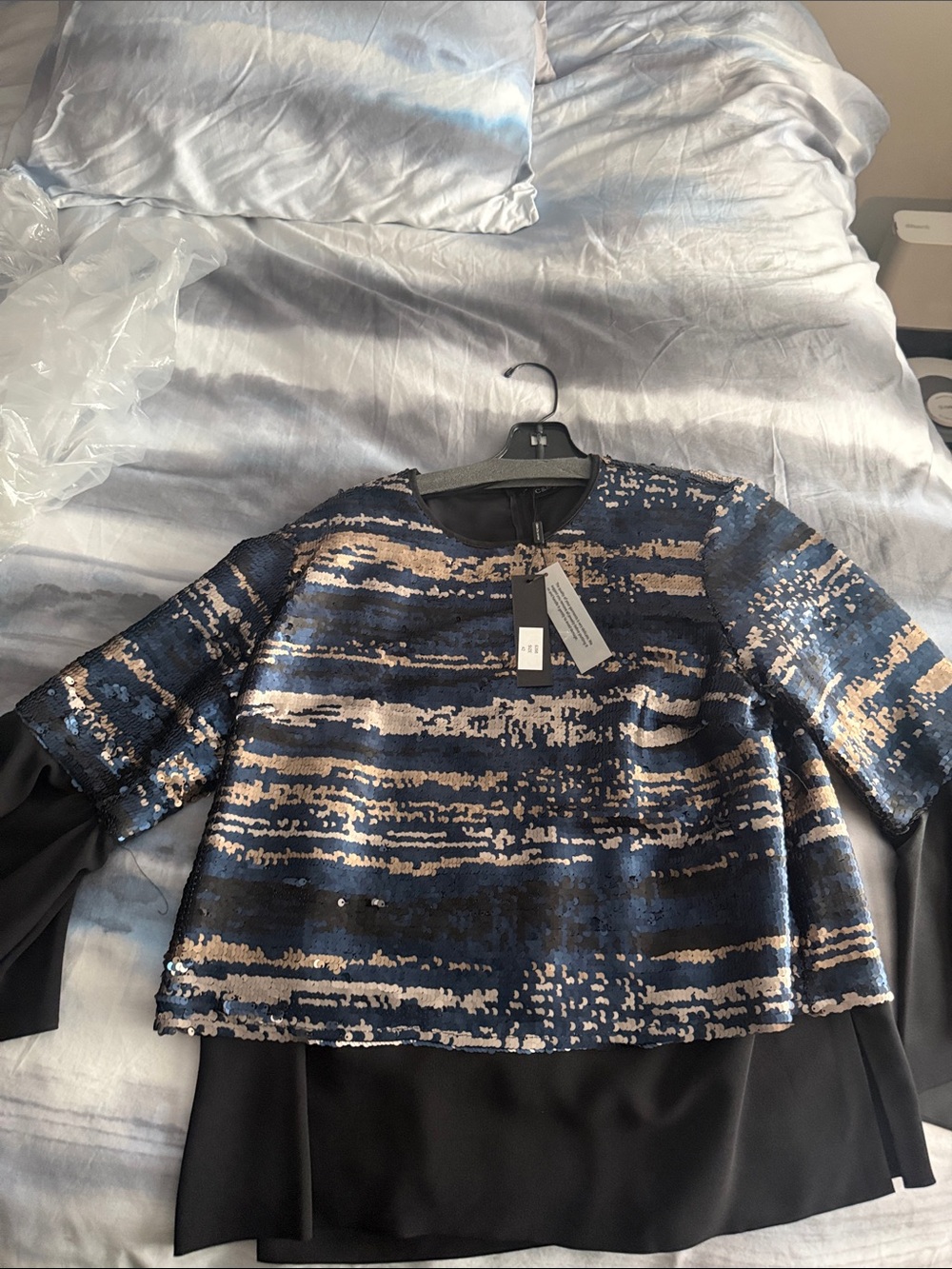 Sequined Stripe Boxy Crewneck Sweater - Navy & Gold